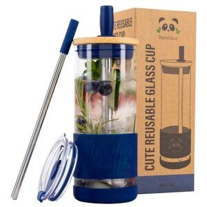 Pandaloo® Glass Cups With Lids and Straws - 20 Fl Oz, Intense Teal